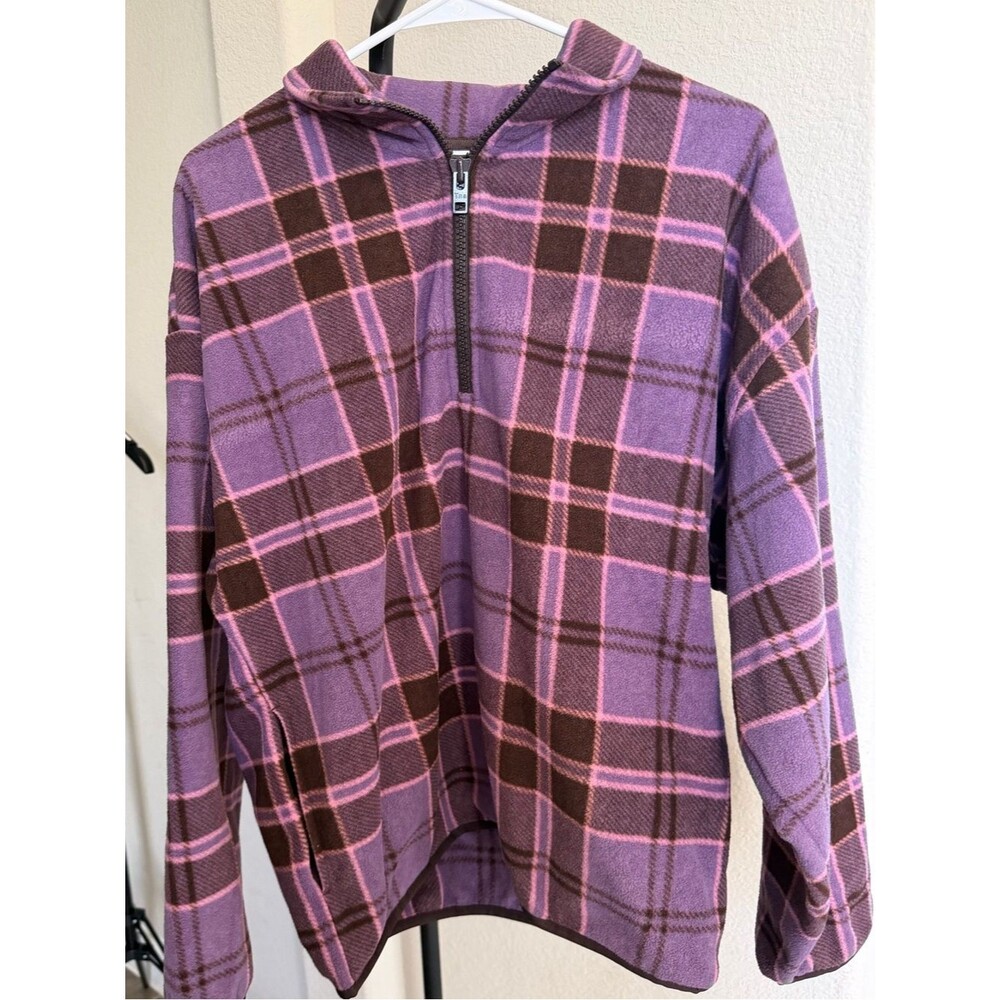 Aritzia TNA Purple & Brown Plaid Quarter-Zip Hoodie M